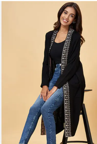 Black Jacquard Winter Wear Full Sleeves Women Regular Fit